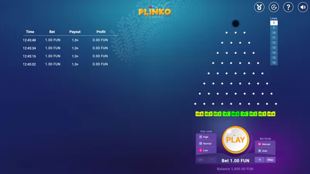 Game interface showing the peg pyramid, bet panel, risk levels and multiplier slots